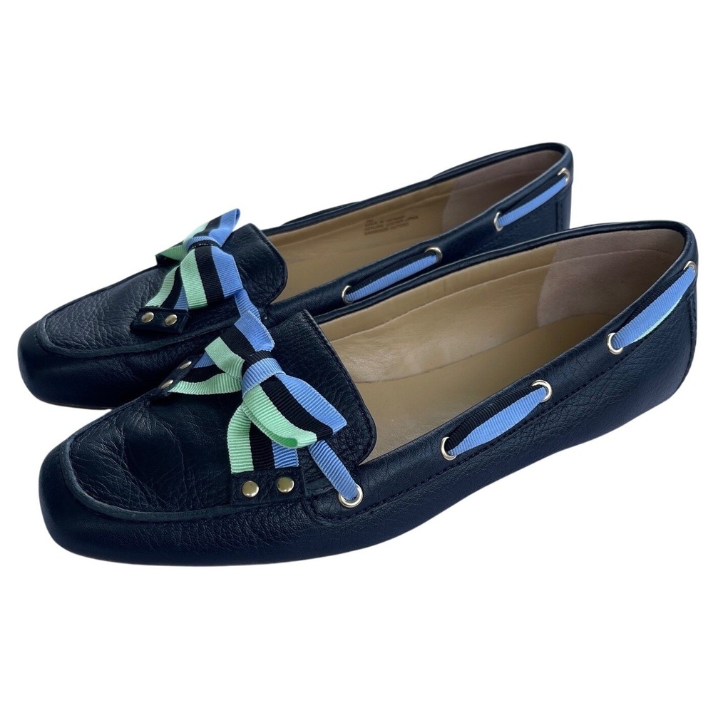Talbots Womens 7M Navy Blue Leather Driving Loafers Striped Bow Flats